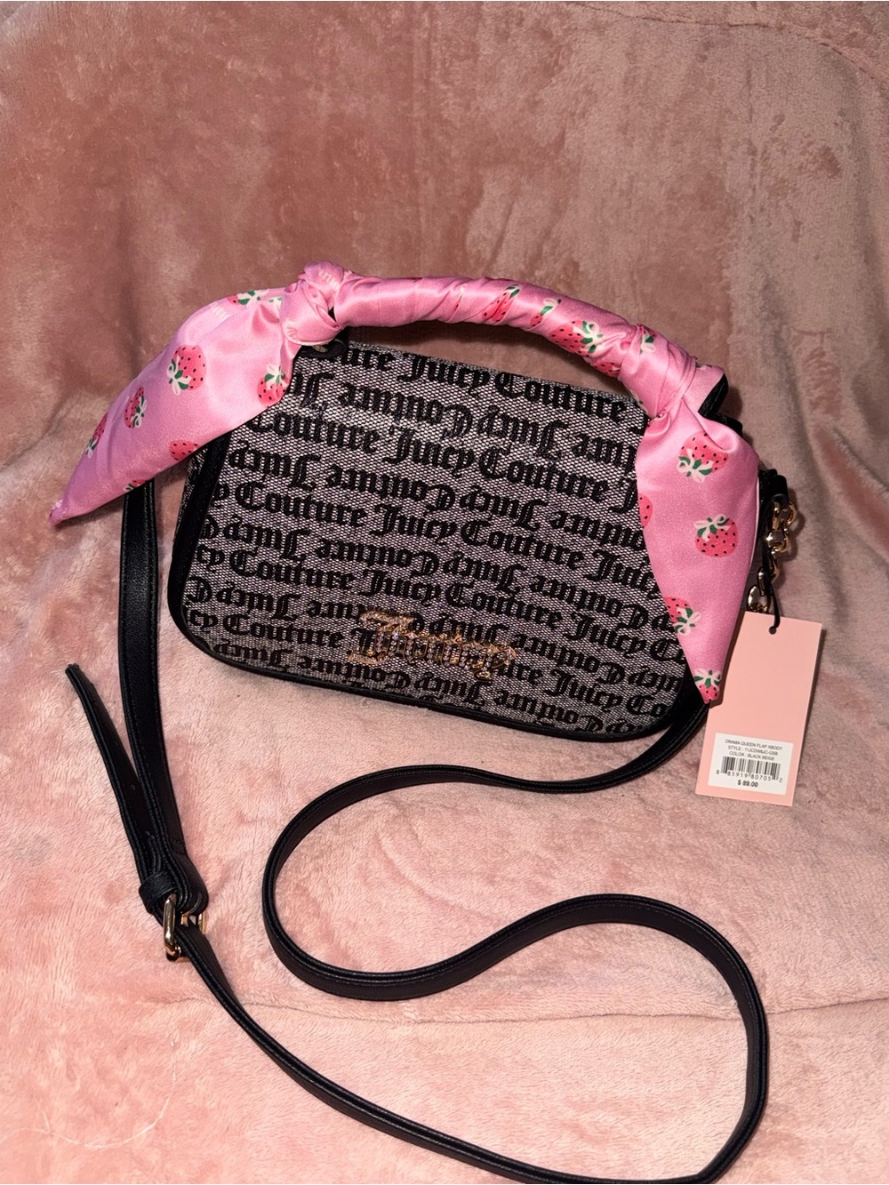 Juicy Couture Black Logo Crossbody with Pink Strawberry Scarf
